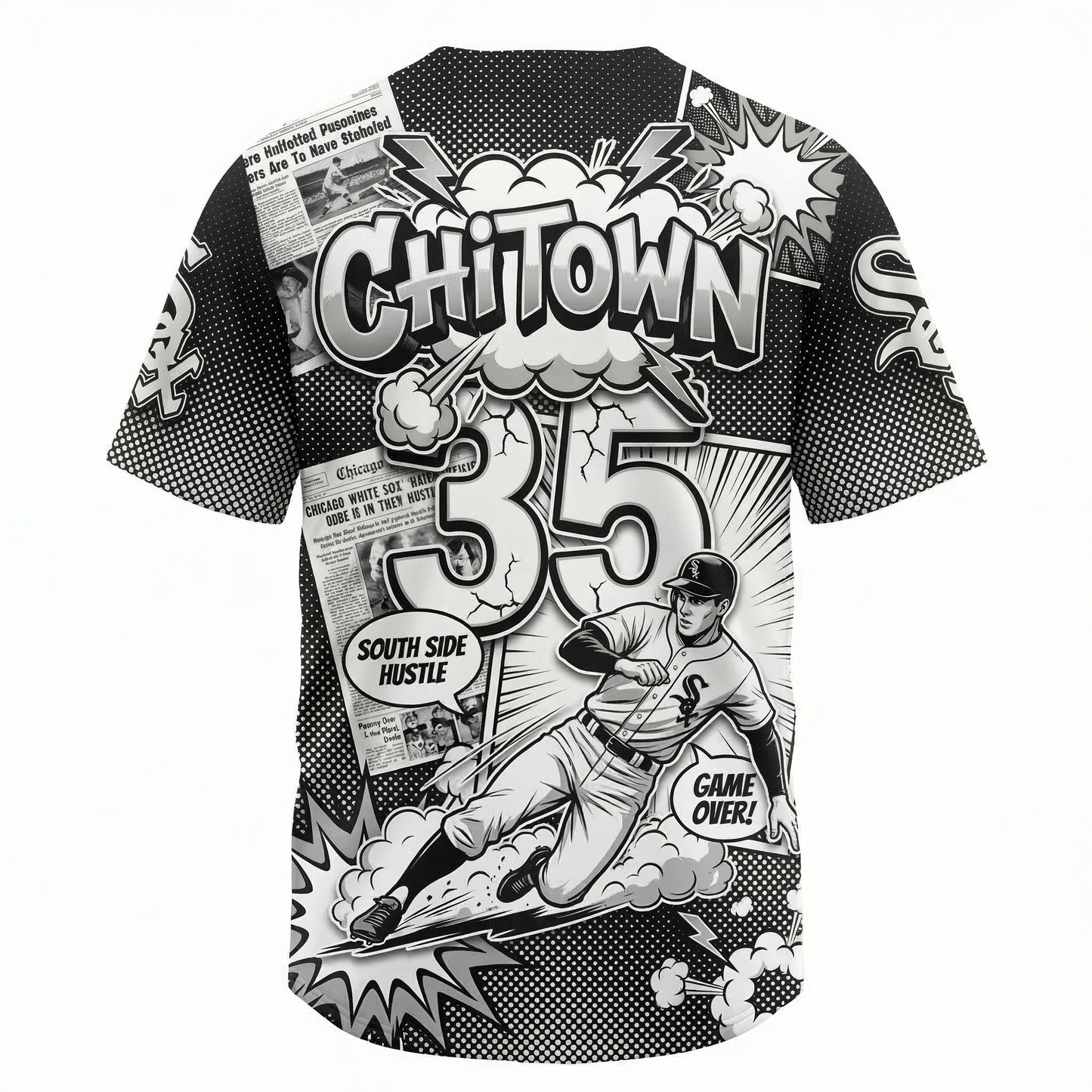 Southside Chicago Baseball Heritage Comic Style AOP Button-Up Jersey - Windy City Unisex Sports Shirt