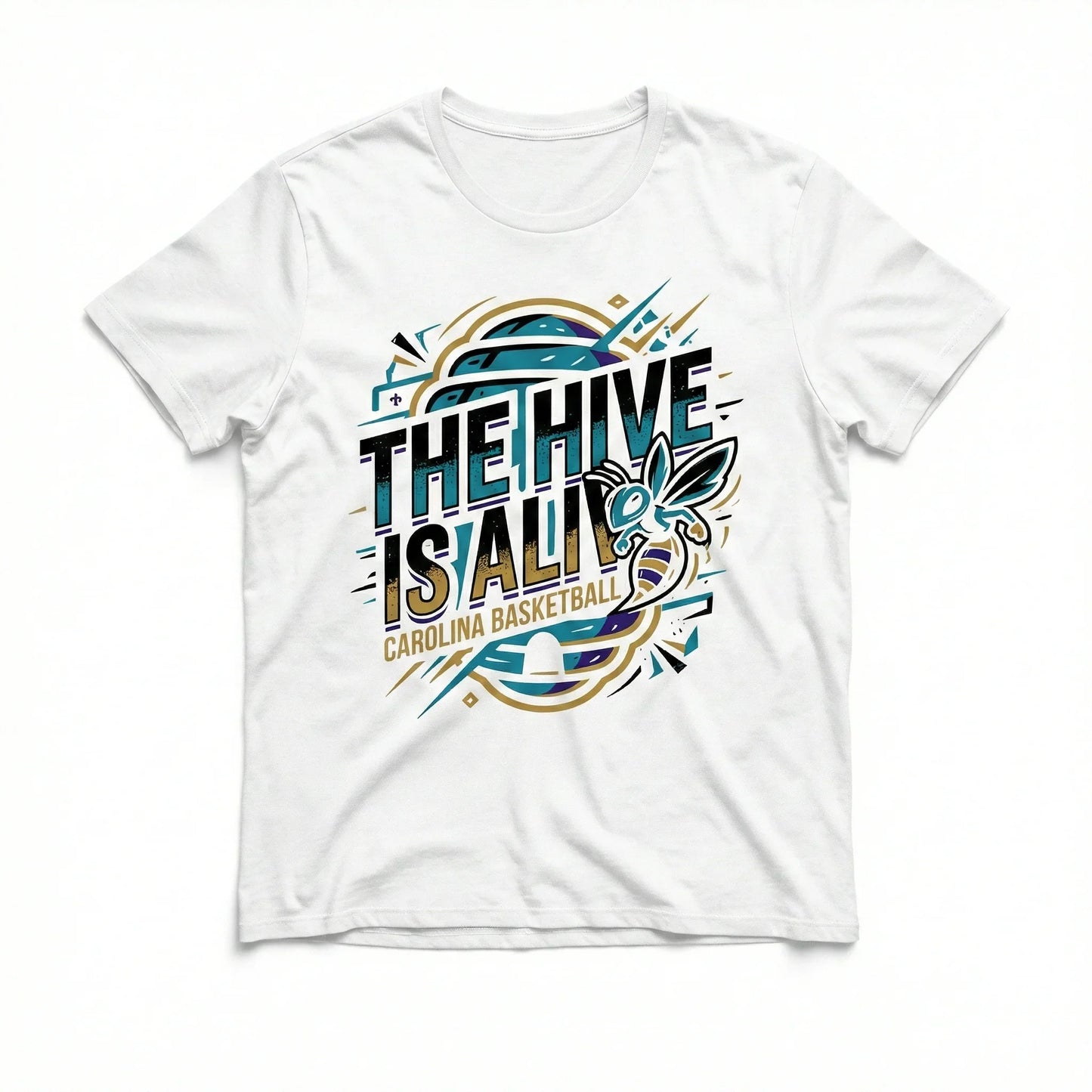 White t-shirt with colorful hornet graphic and 'The Hive Is Alive Carolina Basketball' text.