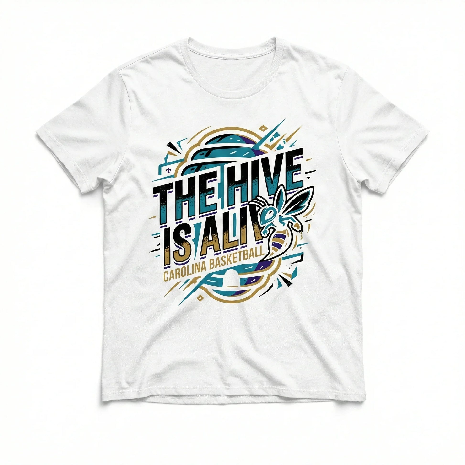 White t-shirt with colorful hornet graphic and 'The Hive Is Alive Carolina Basketball' text.
