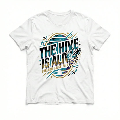 White t-shirt with colorful hornet graphic and 'The Hive Is Alive Carolina Basketball' text.