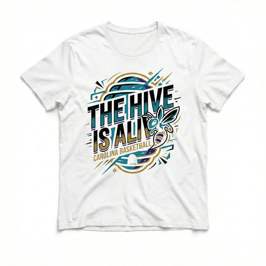 White t-shirt with colorful hornet graphic and 'The Hive Is Alive Carolina Basketball' text.