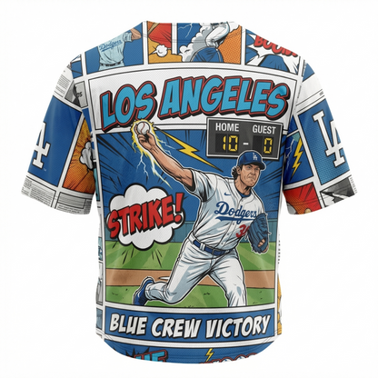 Los Angeles Blue Baseball Jersey - Chavez Ravine Comic Style Graphic Button-Up Shirt - 90s Bootleg Satirical Fan Apparel