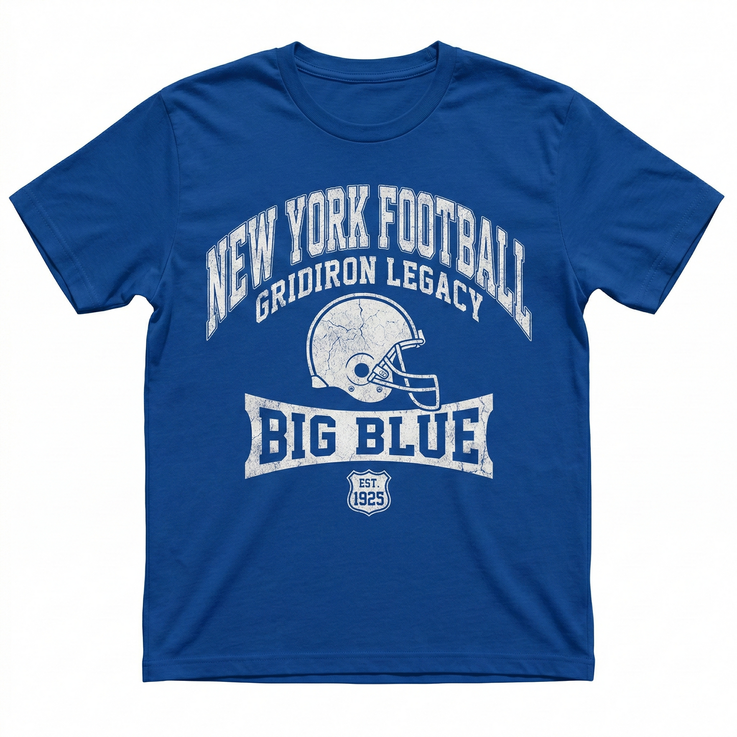 Blue New York football t-shirt with vintage helmet and Big Blue text, gridiron apparel