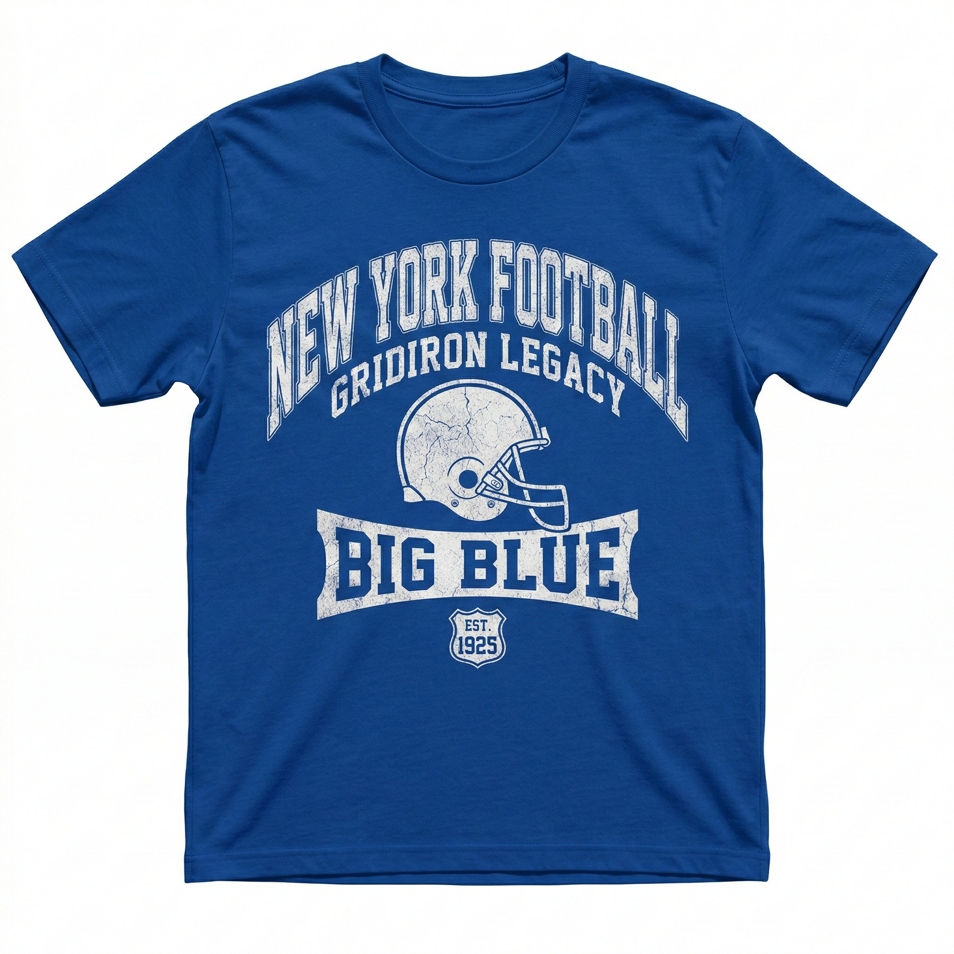 Blue New York football t-shirt with vintage helmet and Big Blue text, gridiron apparel