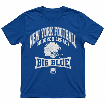 Blue New York football t-shirt with vintage helmet and Big Blue text, gridiron apparel