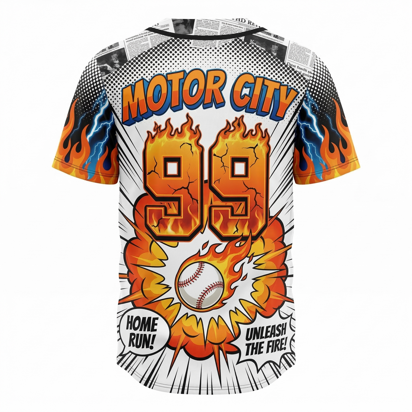 Unisex Motor City Baseball Button-Up Jersey - Dynamic Comic Pitcher Graphic AOP