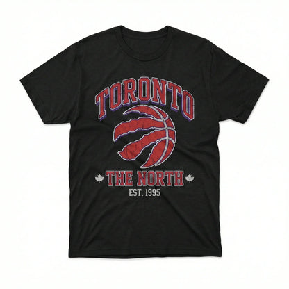 Black Toronto The North t-shirt with red basketball graphic and maple leaf details