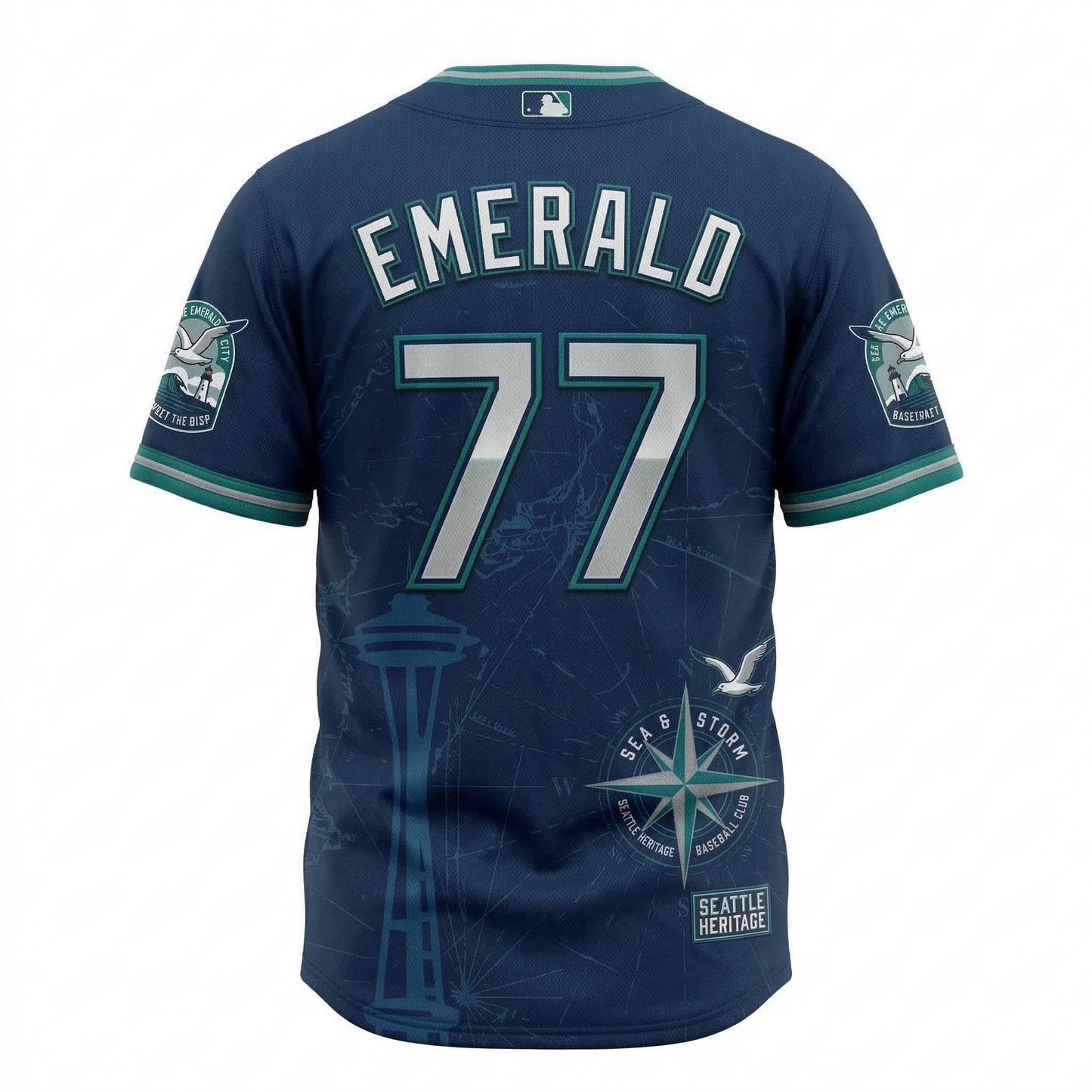Emerald City Seattle Baseball Jersey - Premium Unisex All-Over Print Button-Up Navy