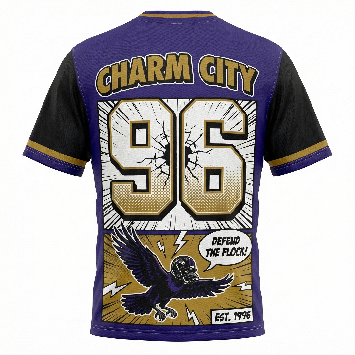 Men's Charm City Gridiron Legend Comic Style AOP Football Jersey - Purple & Black Game Day Streetwear
