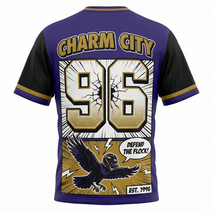 Men's Charm City Gridiron Legend Comic Style AOP Football Jersey - Purple & Black Game Day Streetwear