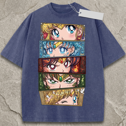 Magical Girl Eyes Retro Graphic Tee - Vintage Wash 90s Anime Aesthetic Heavyweight Cotton Unisex T-shirt