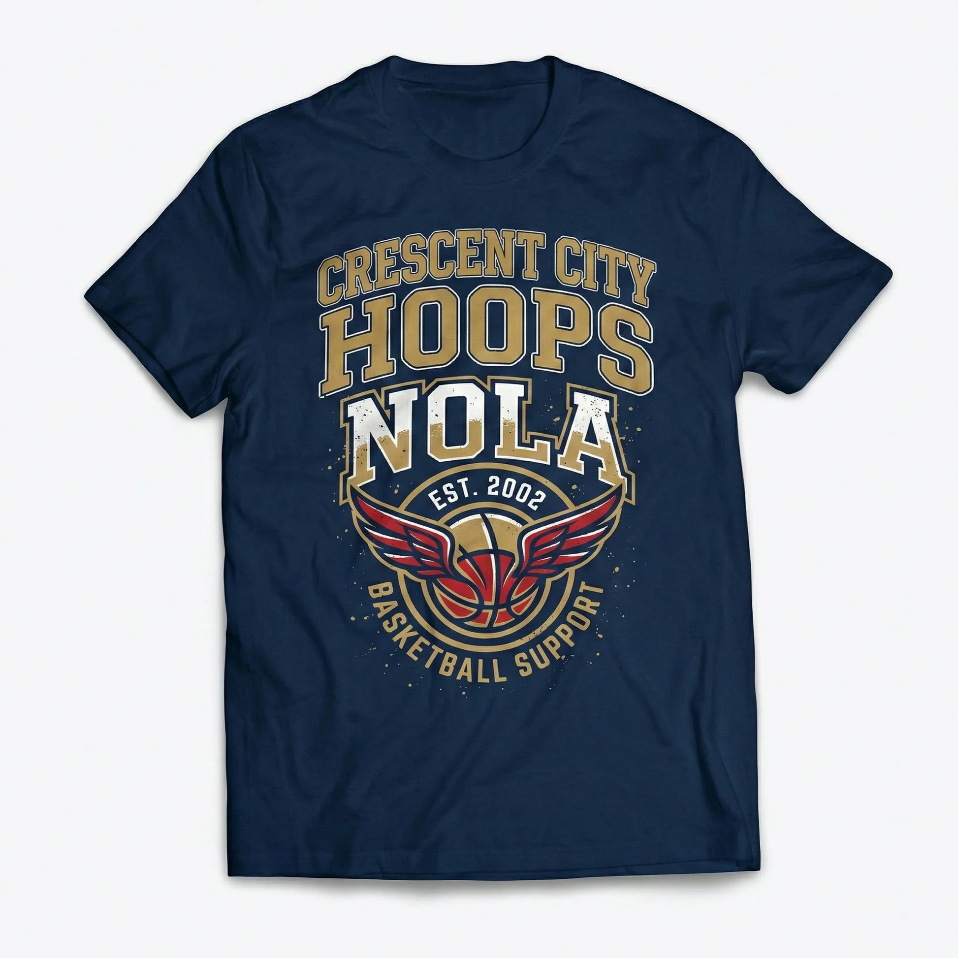 Navy blue t-shirt with Crescent City Hoops NOLA basketball graphic and red winged logo