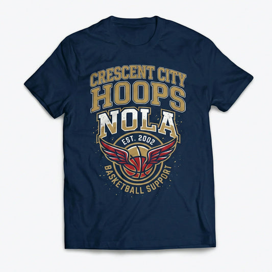Navy blue t-shirt with Crescent City Hoops NOLA basketball graphic and red winged logo