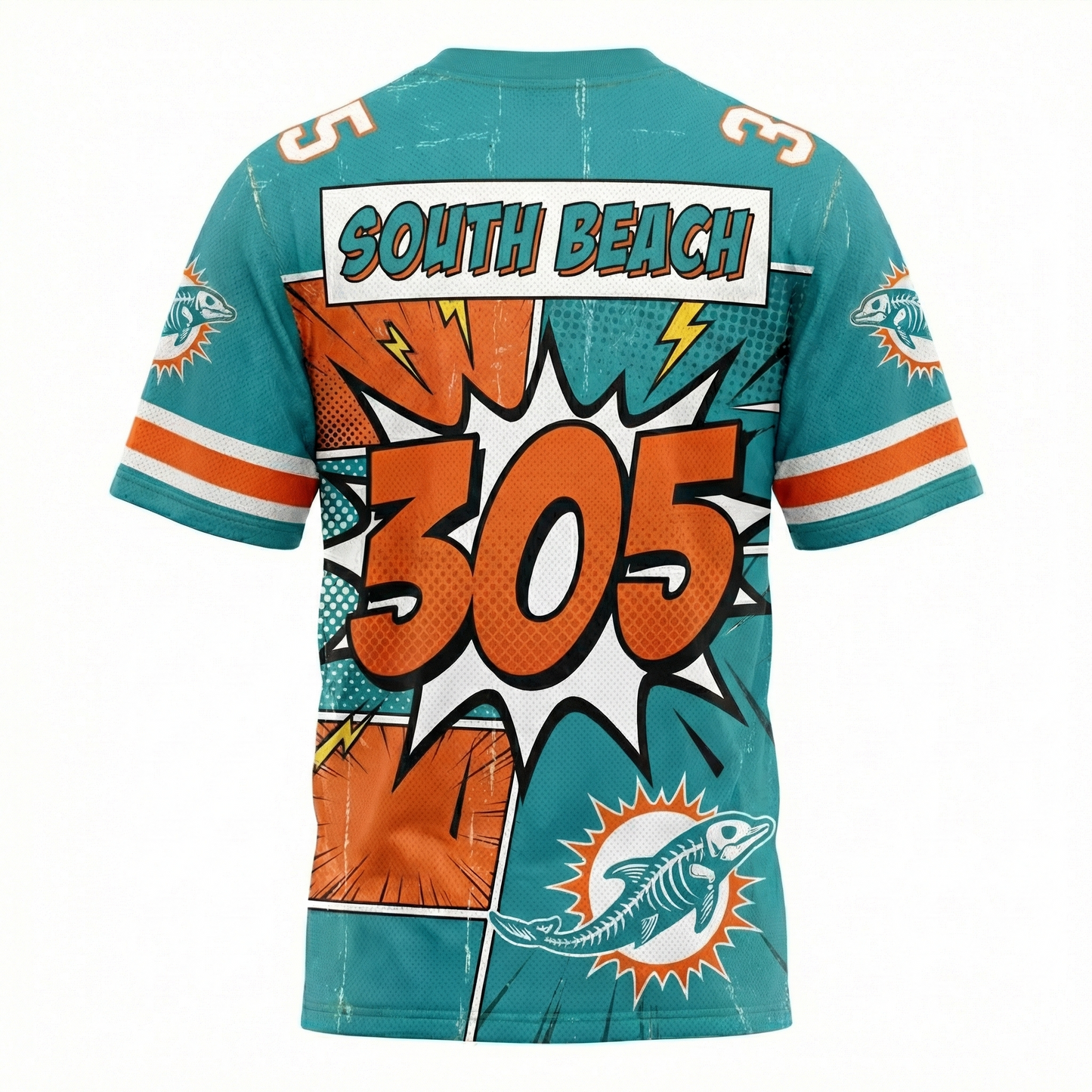 South Beach Gridiron Speedster Comic Edition AOP Football Jersey | 305 Aqua & Orange Hyper-Offense