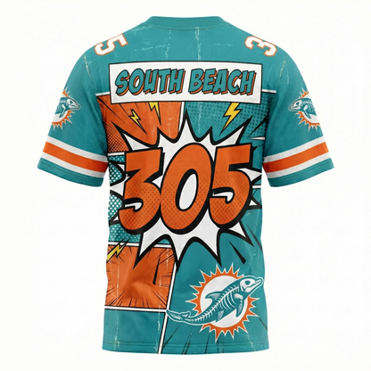 South Beach Gridiron Speedster Comic Edition AOP Football Jersey | 305 Aqua & Orange Hyper-Offense
