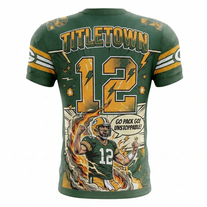 Green & Gold Titletown Comic Action AOP Football Jersey - 90s Bootleg Gridiron Streetwear