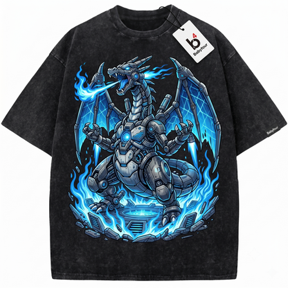 Blue Flame Dragon Monster Vintage Graphic Tee - Retro Anime Graphic Unisex T-Shirt