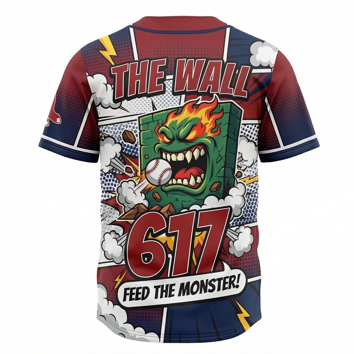 Men's Beantown Baseball Comic Book Style Button-Up Jersey - Retro 90s Bootleg Slogan AOP
