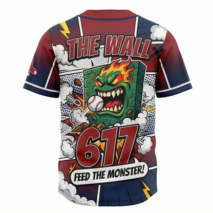 Men's Beantown Baseball Comic Book Style Button-Up Jersey - Retro 90s Bootleg Slogan AOP