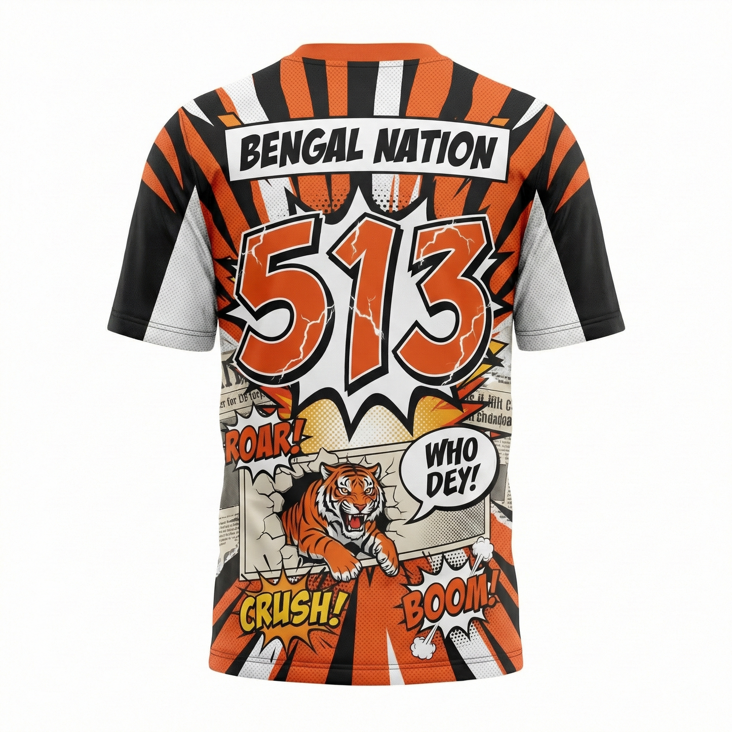 Queen City Gridiron Jungle Comic Style Football Jersey - Orange & Black Slogan AOP Top