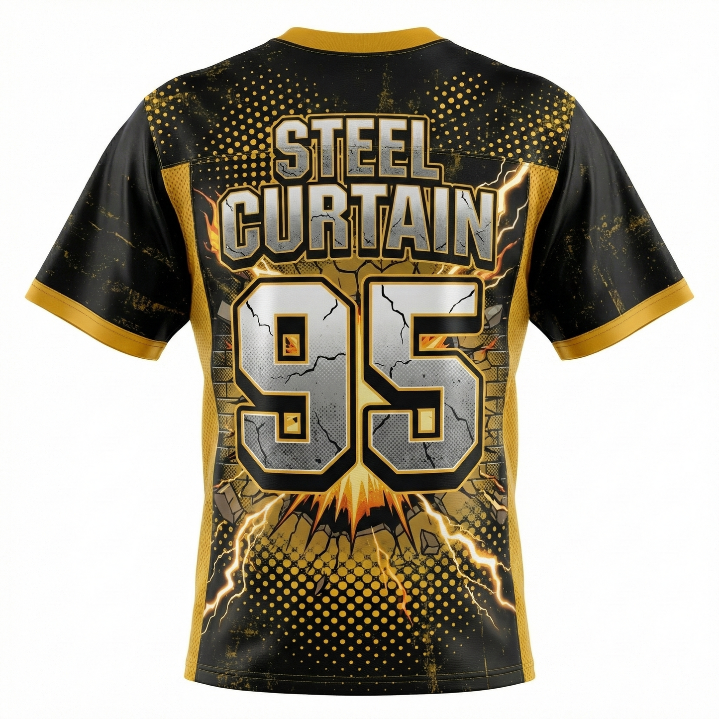 Steel City Comic Smash AOP Football Jersey | Black and Gold 90s Bootleg Gridiron Fan Gear