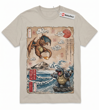 Japanese Retro Monster Wave Graphic Tee - Vintage Fire Dragon vs Water Turtle Anime Apparel - Unisex T-shirt