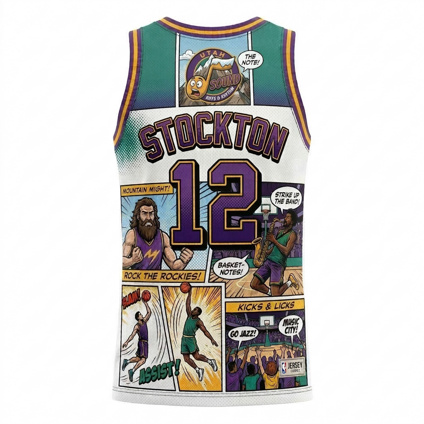 Utah Basketball Heritage Comic Book AOP Jersey Unisex | Mountains & Rhythms Print Sleeveless Fan Gear