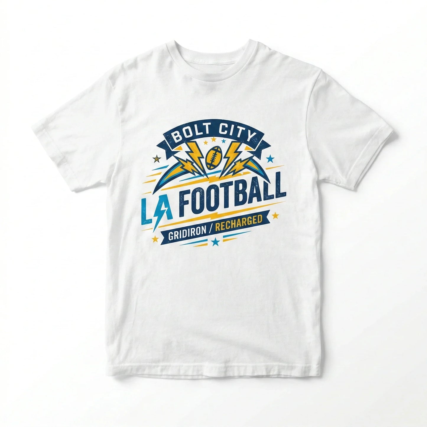 White t-shirt with Bolt City LA Football Gridiron graphic and lightning bolt design