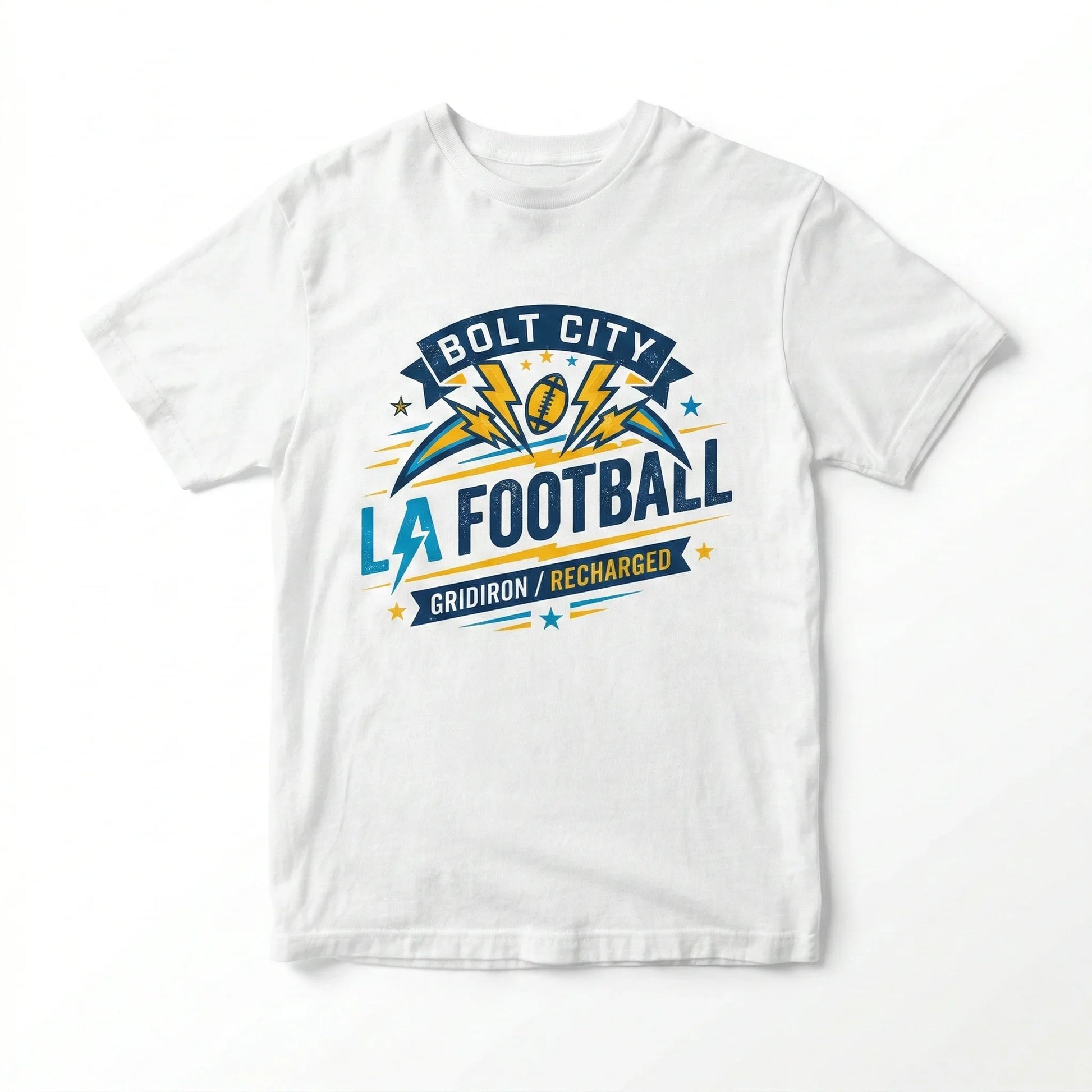 White t-shirt with Bolt City LA Football Gridiron graphic and lightning bolt design