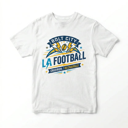 White t-shirt with Bolt City LA Football Gridiron graphic and lightning bolt design