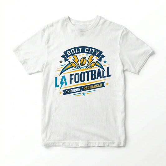 White t-shirt with Bolt City LA Football Gridiron graphic and lightning bolt design