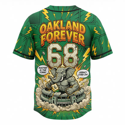 Unisex Oakland Baseball "The Town" Comic Art Button-Up Jersey AOP - End of an Era Green & Gold Fan Apparel