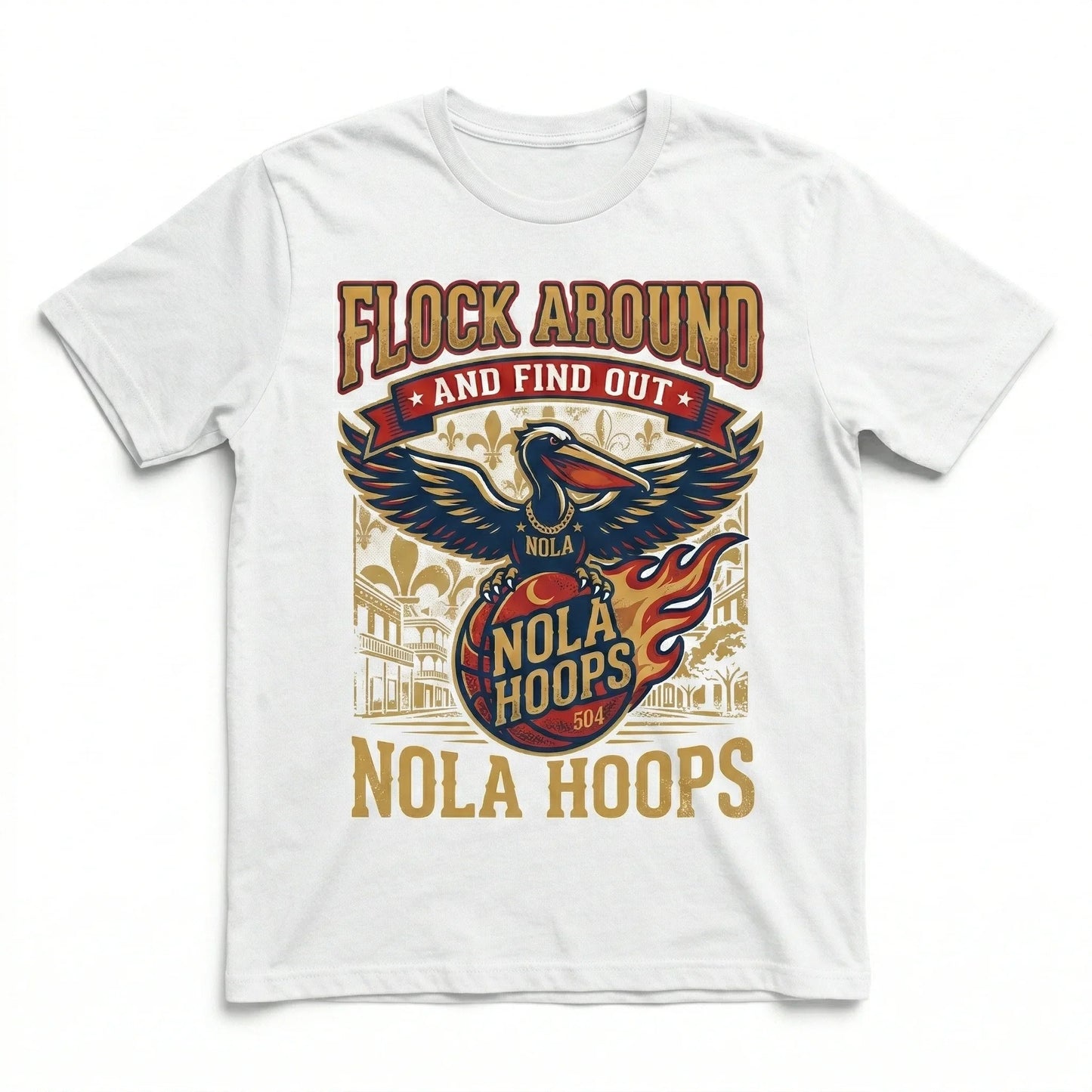White T-shirt with NOLA Hoops flaming basketball and pelican graphic, vintage style print.