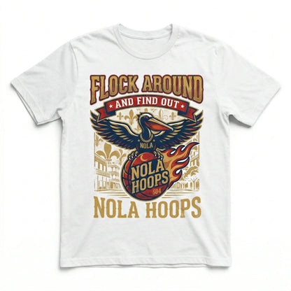 White T-shirt with NOLA Hoops flaming basketball and pelican graphic, vintage style print.