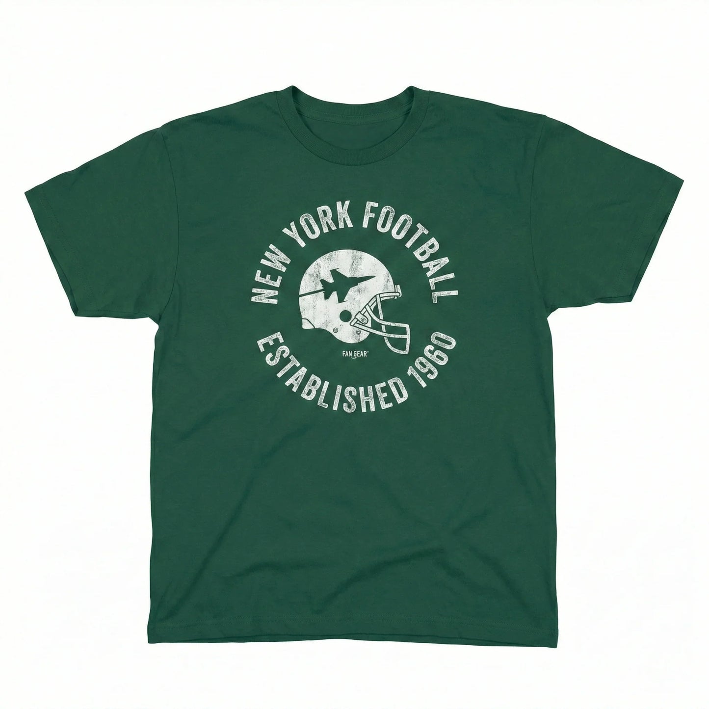 Green t-shirt featuring vintage New York football helmet graphic and Established 1960 text