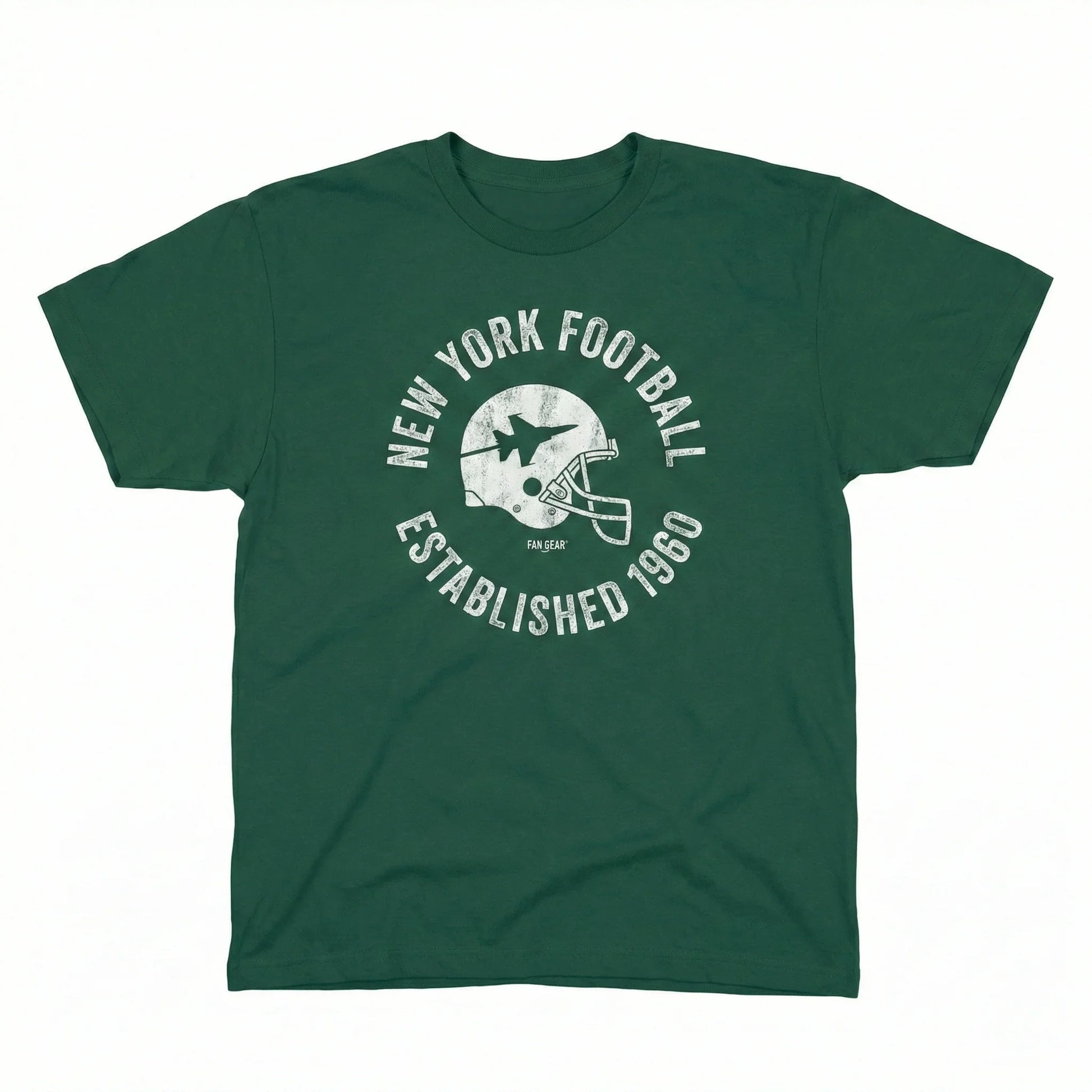 Green t-shirt featuring vintage New York football helmet graphic and Established 1960 text