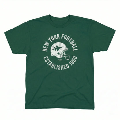 Green t-shirt featuring vintage New York football helmet graphic and Established 1960 text