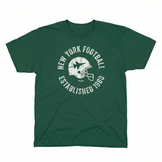 Green t-shirt featuring vintage New York football helmet graphic and Established 1960 text