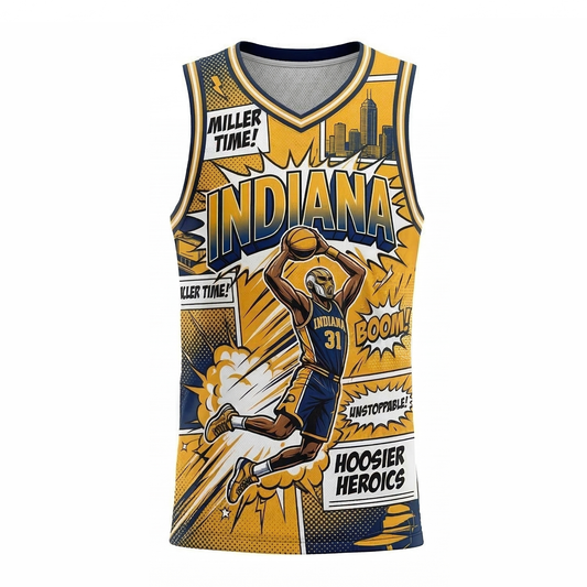 Unisex Indianapolis Basketball Heritage Comic Art All-Over Print Jersey Tank Top - Gold & Blue Pacers Inspired Hype Gear