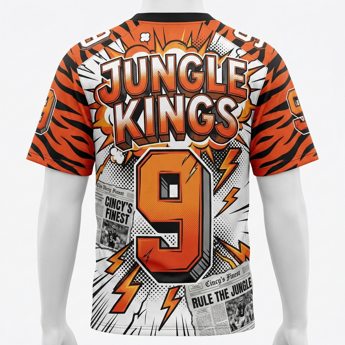 Premium Cincy Jungle Kings Graphic Football Jersey - 90s Comic Art Game Day Shirt - Orange & Black AOP