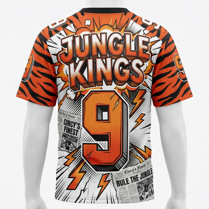 Premium Cincy Jungle Kings Graphic Football Jersey - 90s Comic Art Game Day Shirt - Orange & Black AOP
