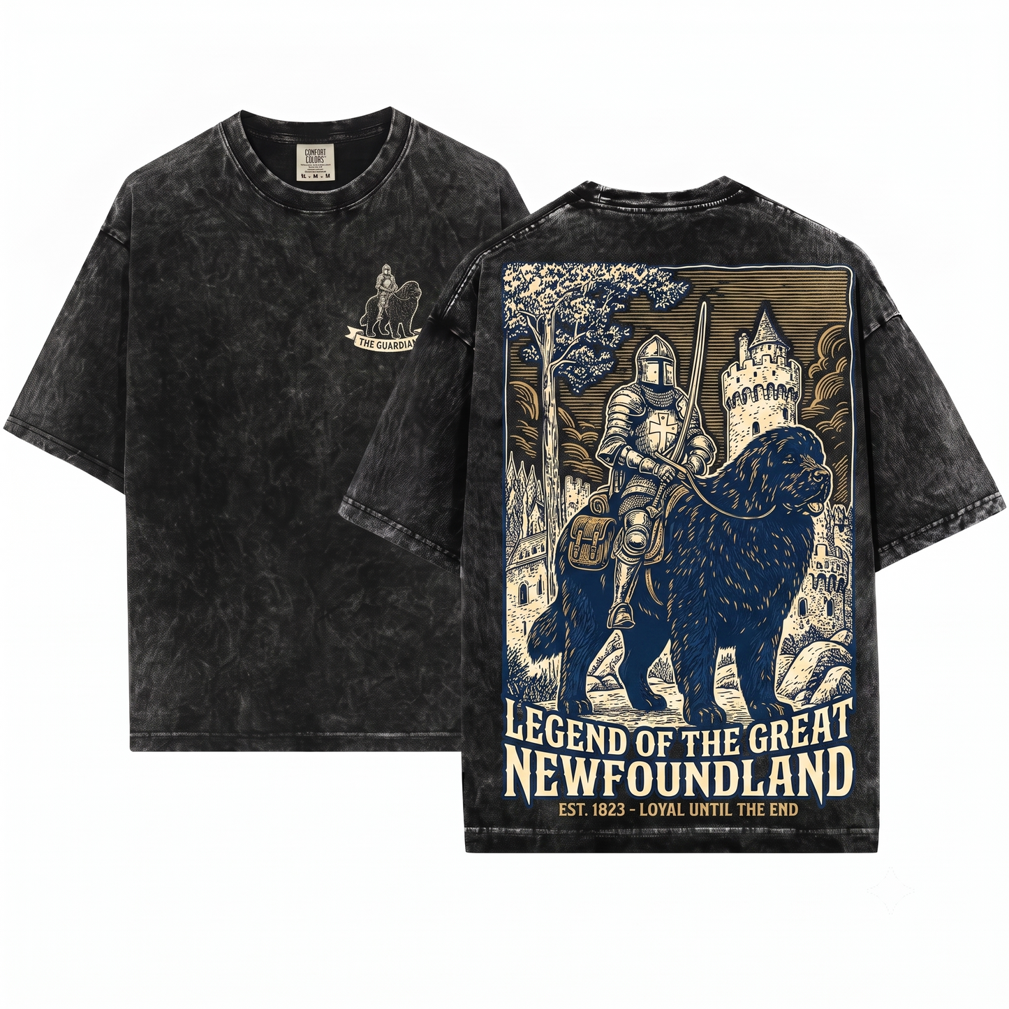 Medieval Newfoundland Knight Riding Snail Retro Grimdark Y2K Dog Mom Dad Meme Gift Unisex Heavyweight Garment-Dyed T-Shirt
