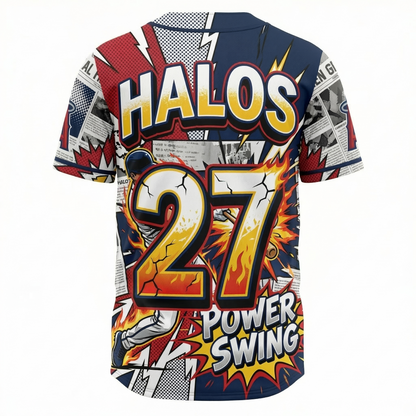 Unisex Anaheim Halos Baseball Button-Up Jersey - Comic Book Style Power Hitting Graphic AOP Shirt