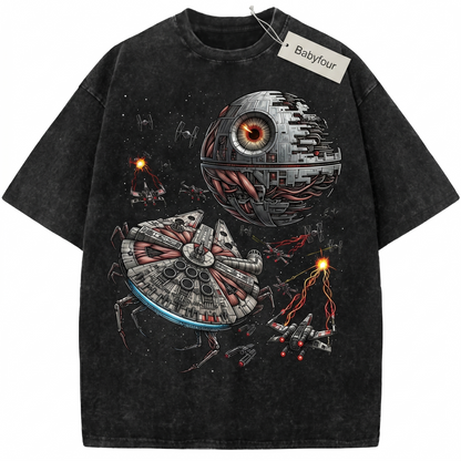 Biomechanical Space Monster vs Extraterrestrial Hunter Vintage Graphic T-Shirt  Unisex Retro Sci-Fi Horror Movie Tee