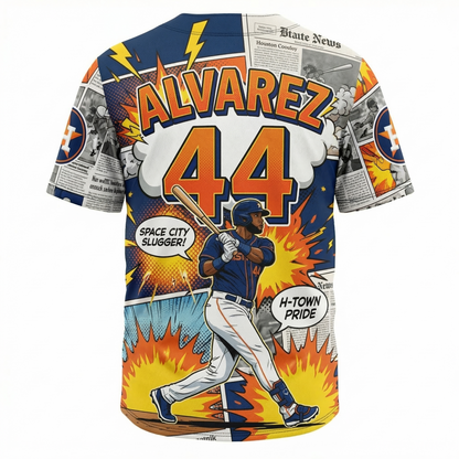 Unisex Space City Baseball Jersey - H-Town Dynamic Comic Style AOP Button-Up Shirt