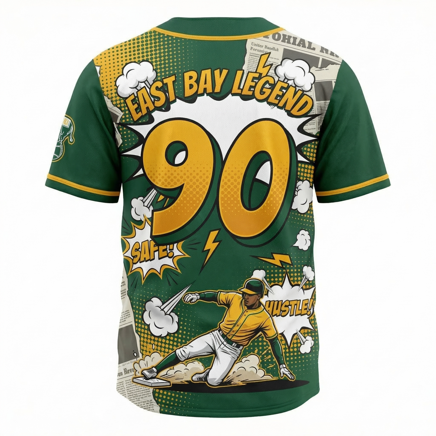 Unisex Oakland Baseball Comic Art Jersey - Green & Gold Town Heritage Vintage AOP Button-Up Shirt