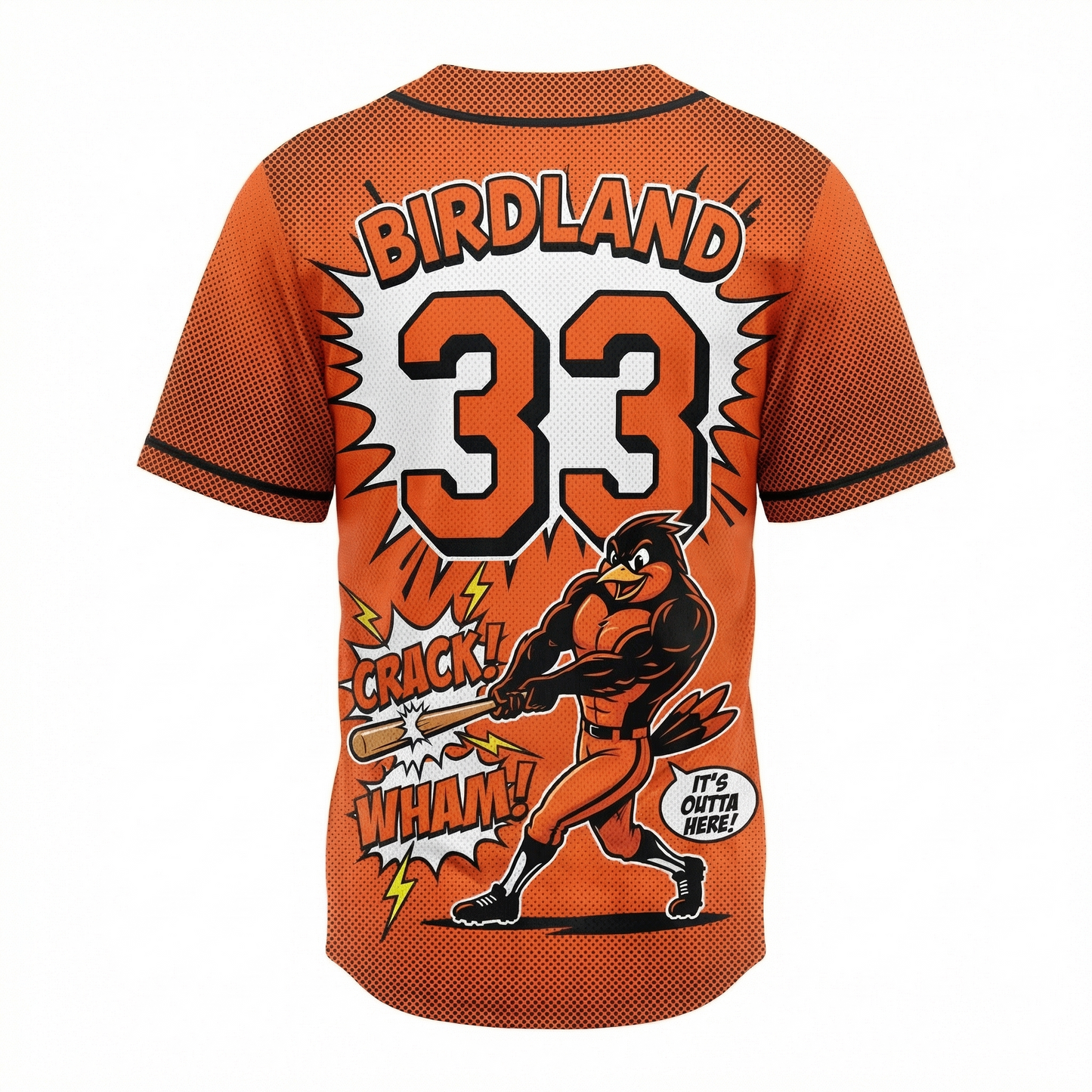 Charm City Baseball Comic Art Button-Up Jersey - Retro Orange & Black Satirical Fan Apparel