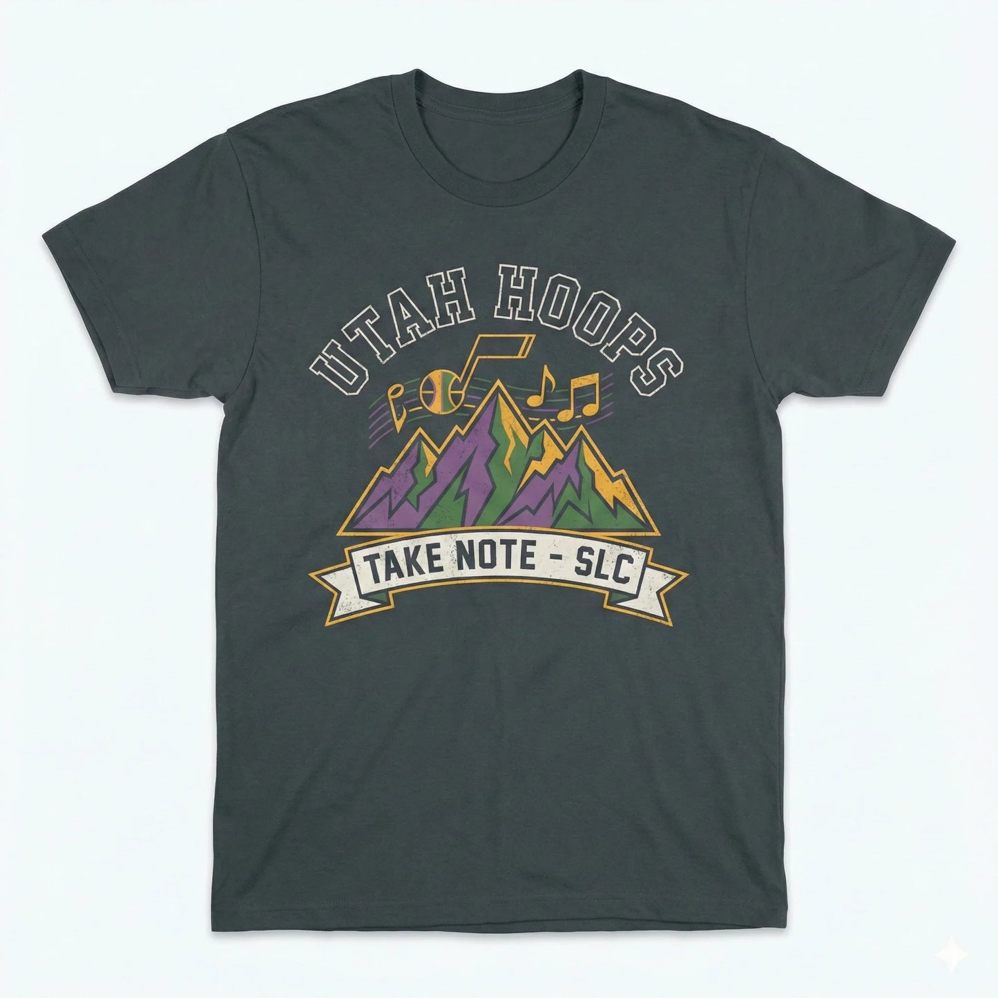 Utah Basketball Fan Apparel - "Take Note" Mountain Retro Design - T-Shirt, Hoodie, Sweatshirt, Tank Top, Long Sleeve Variants