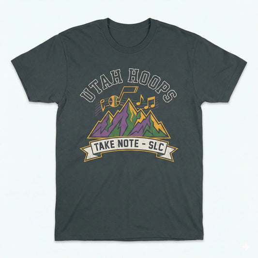 Utah Basketball Fan Apparel - "Take Note" Mountain Retro Design - T-Shirt, Hoodie, Sweatshirt, Tank Top, Long Sleeve Variants