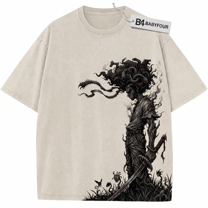 Classic Anime Sword Fighter Vintage Graphic Tee, Retro Samurai Afro Hair Apparel - Unisex T-shirt